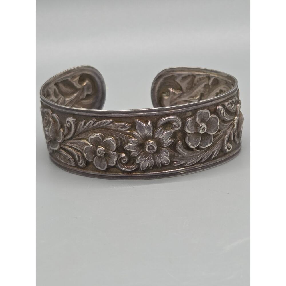 Antique S. Kirk & Son Rose Repousse .925 Sterling Silver Cuff Bracelet 44 gr